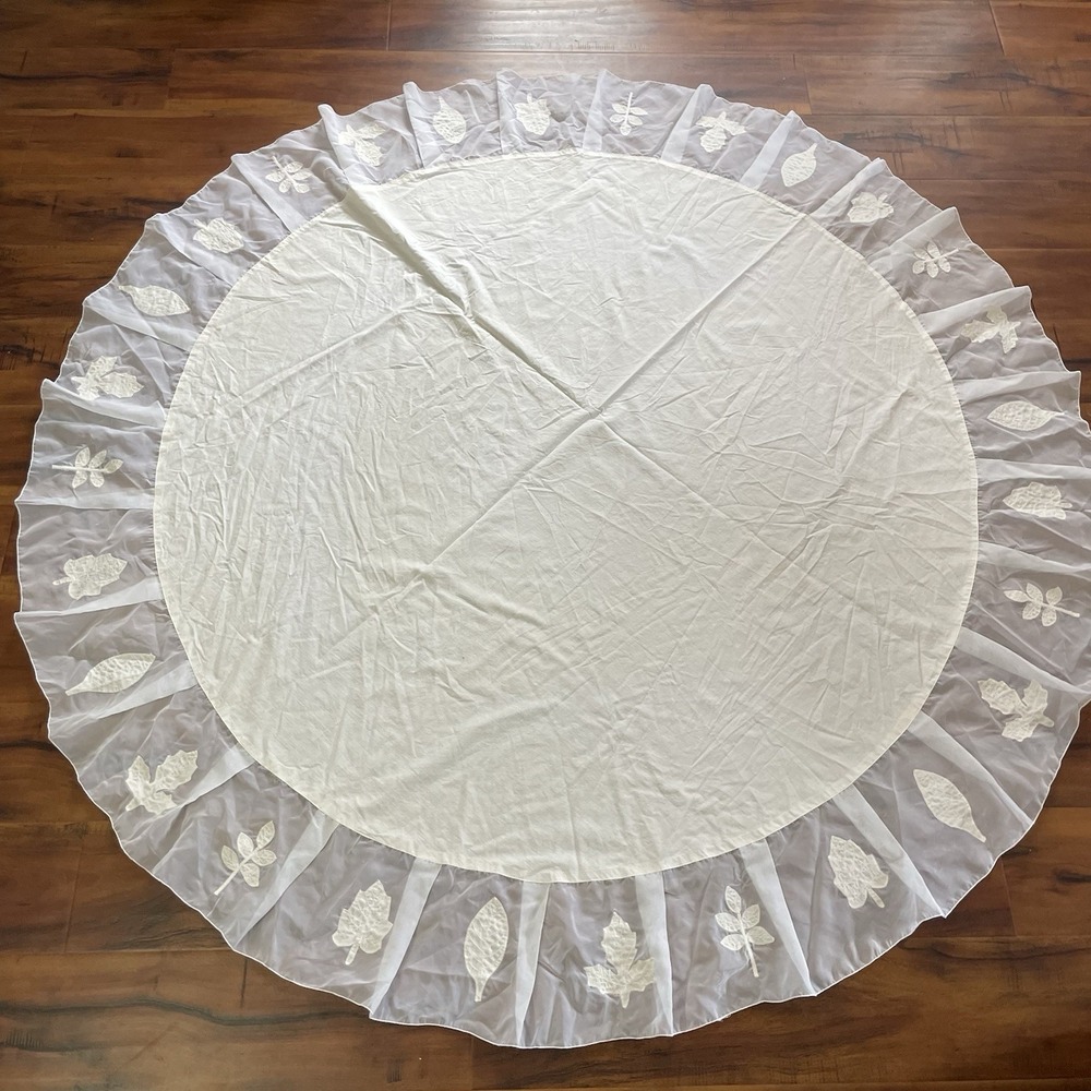 Vintage‎ Round Lace Tablecloth 66" Ivory Sheer Leaf Appliques Dainty Autumnal